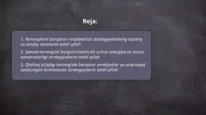 Tarmoqlarni barqaror rivojlantirish strategiyalari 2