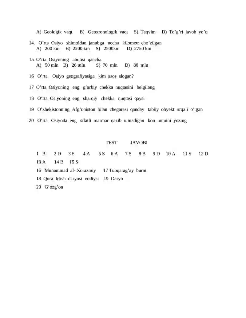 Test 8-sinf GEOGRAFIYA 2