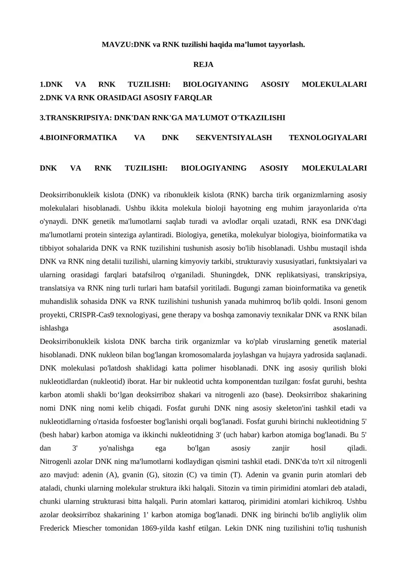 Bioinformatika  fanidan (dnk va rnk tuzulishi) 2