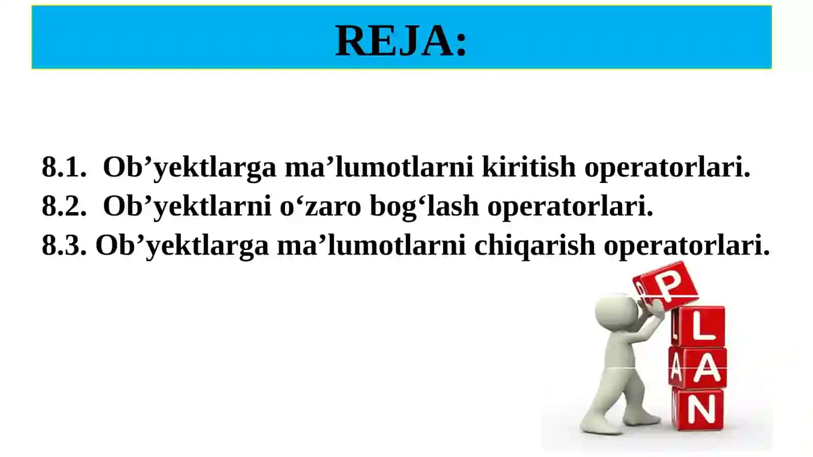 SQL tili yordamida obyektlarga ma’lumotlarni kiritish, chiqarish va o‘zaro bog‘lash 2