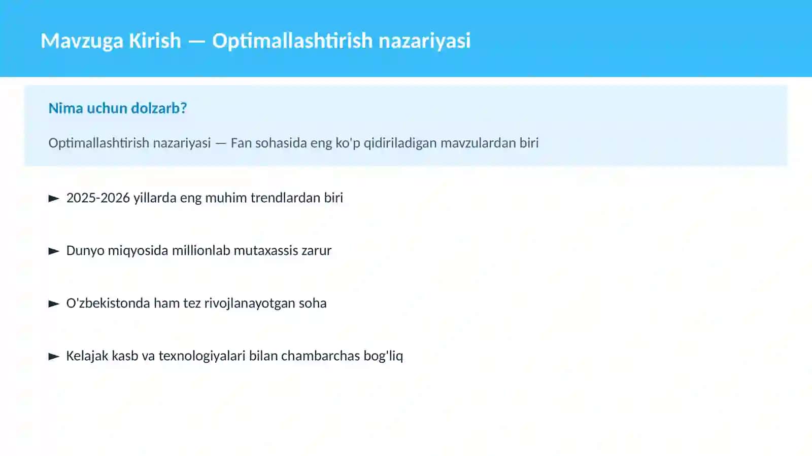 Optimallashtirish nazariyasi 2