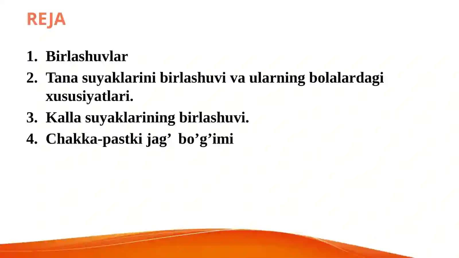 Birlashuvlar.Tana suyaklarini birlashuvi va ularning bolalardagi xususiyatlari.Kalla suyaklarining birlashuvi.Chakka-pastki jag’  bo’g’imi 2