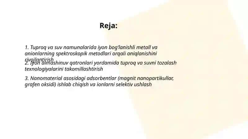 Tuproq va suv namunalarida iyon bogʻlanishli birikmalarni aniqlash usullari 2