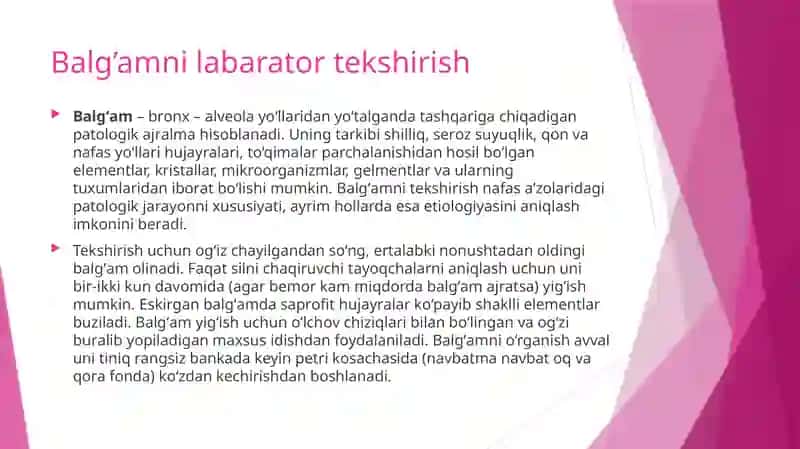 Balg‘am va plevra suyuqligini labarator tekshirish. O‘pkani funksional va instrumental tekshirish usullari: spirometriya, pnevmotaxometriya, oksigemometriya. O‘pkani rentgenologik tekshirish. Bronxoskopiya, bronxografiya, tomografiya 2