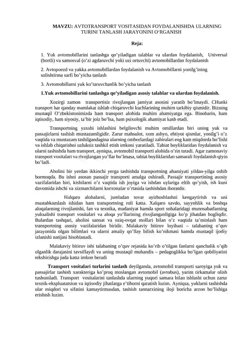AVTOTRANSPORT VOSITASIDAN FOYDALANISHDA ULARNING TURINI TANLASH JARAYONINI O‘RGANISH 2