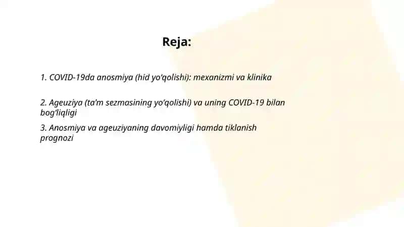 COVID-19da anosmiya (hid yo'qolishi): mexanizmi va klinika 2