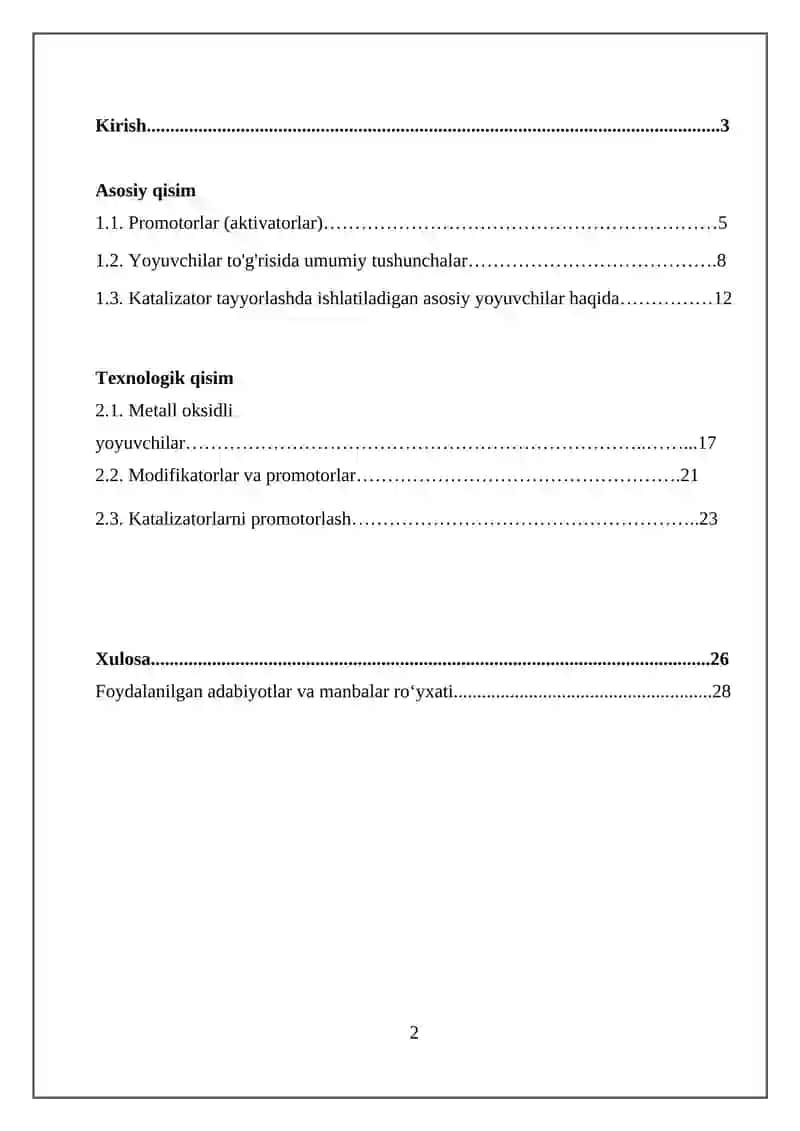 Katalizatorning promotorlari (aktivatorlari) va yoyuvchilar (tashuvchilar) 2