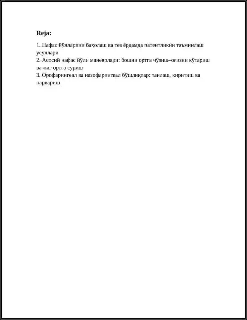 НАФАС ЙУЛЛАРИНИ УТКАЗУВЧАНЛИГИНИ ТИКЛАШ УСУЛЛАРИ. КИСЛОРОД БИЛАН ДАВОЛАШ.НАФАС АППАРАТЛАРИ.СУНИЙ УПКА ВЕНТИЛАТСЫЙАСИ 2