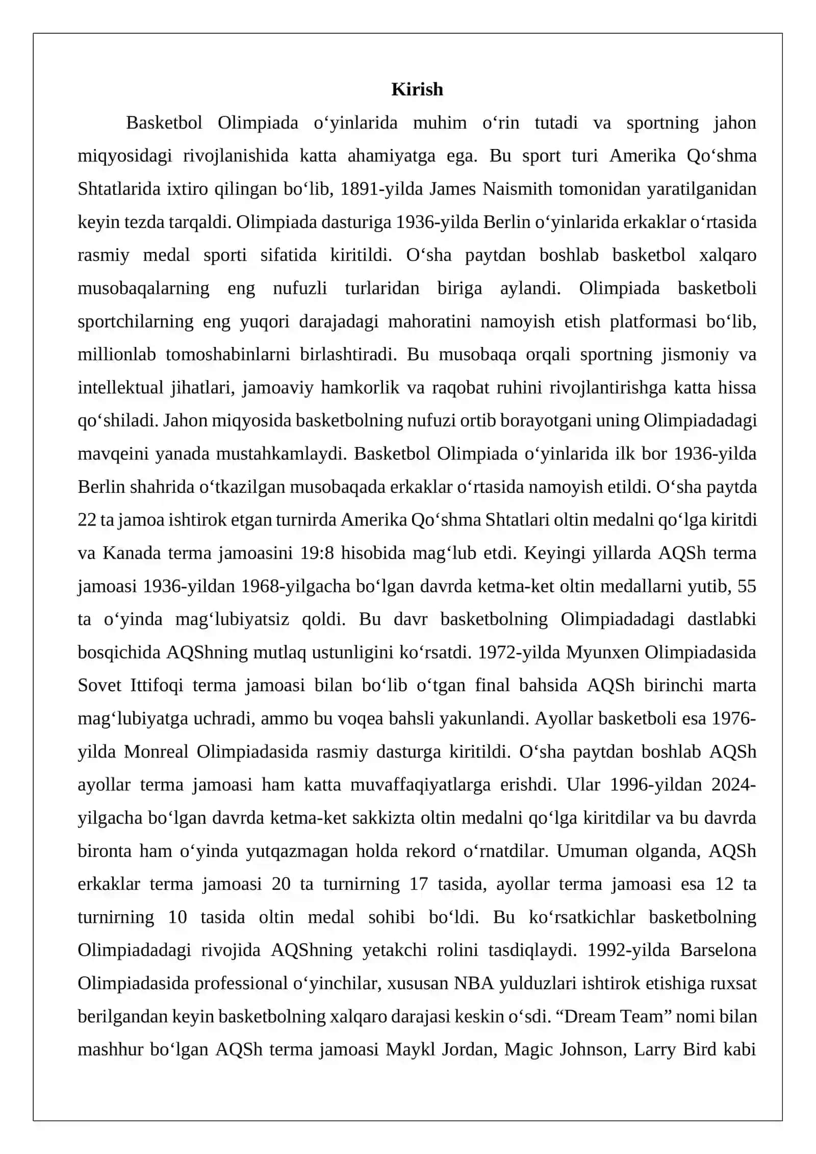 Basketbol bo‘yicha Olimpiada o‘yinlarini o‘tkazilishi 2