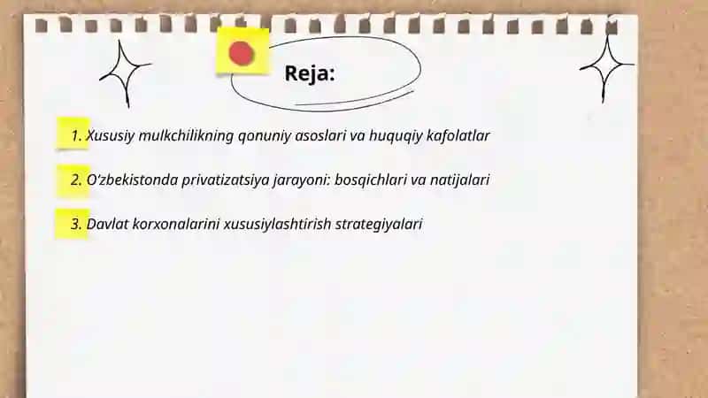 Iqtisodiy islohotlar xususiy mulkchilikning shakllanishi.Oʻzbekistonda bozor munosabatlarining rivojlanishi 2