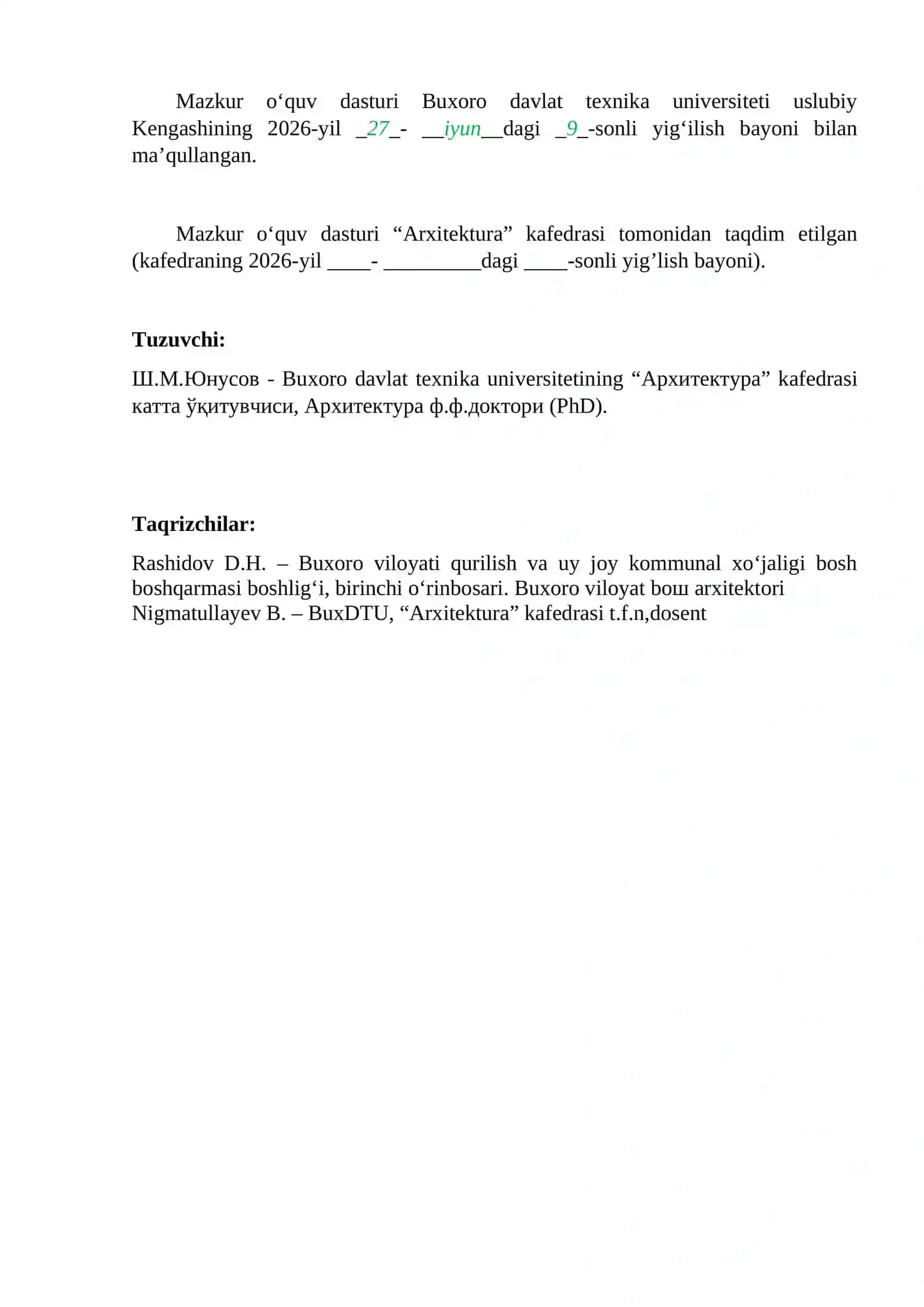 O‘zbekiston xalqlarining an’anaviy turarjoy binolari fanining o‘quv dasturi 2