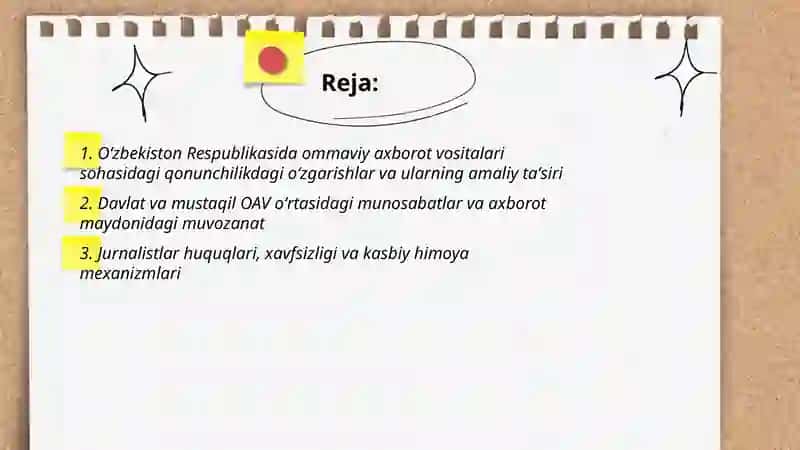 Oʻzbekiston Respublikasida ommaviy axborot vositalarining faoliyati( oʻzgarish va muammolar) 2