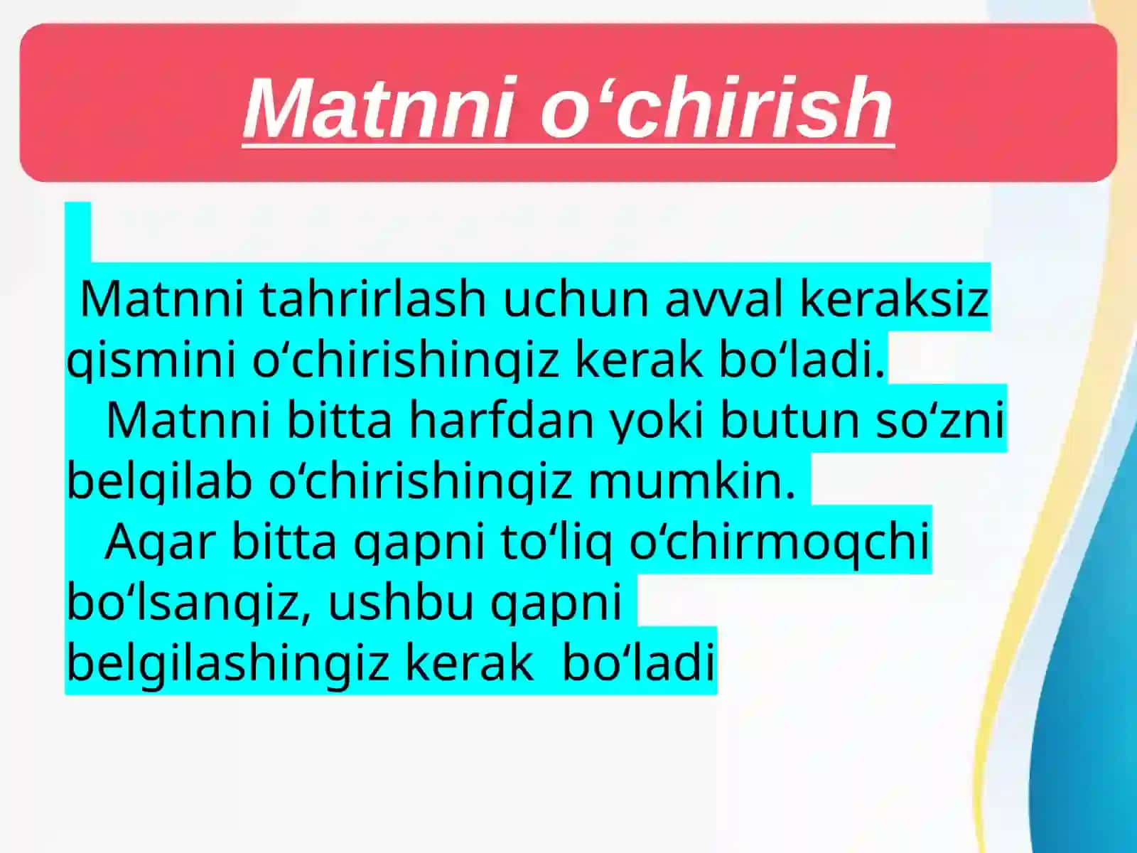 Matnni o’chirish 2