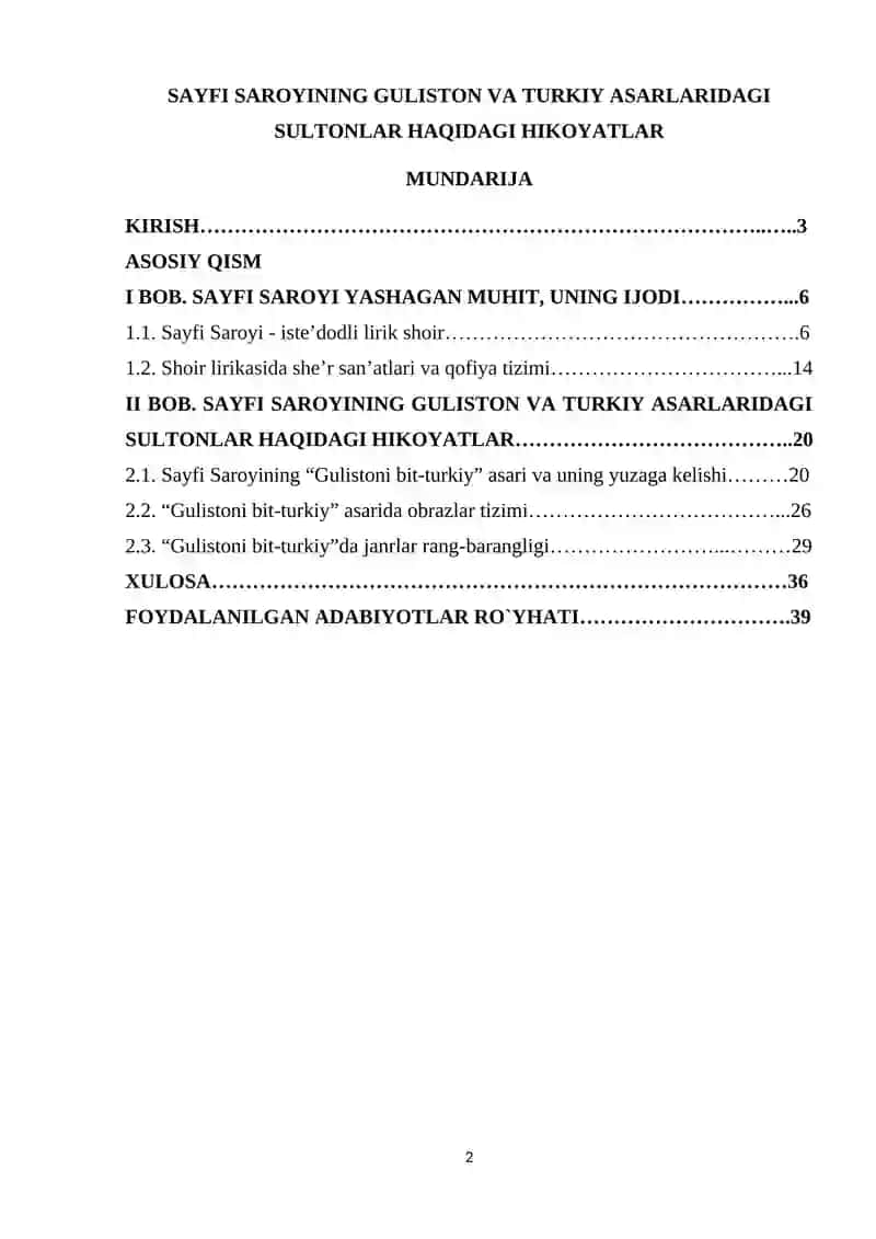 "SAYFI SAROYINING GULISTON VA TURKI ASARLARIDAGI SULTONLAR HAQIDAGI HIKOYATLAR" 2