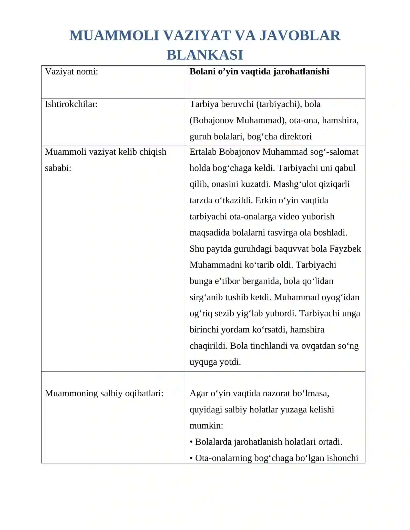 MUAMMOLI VAZIYAT VA JAVOBLAR BLANKASI 2