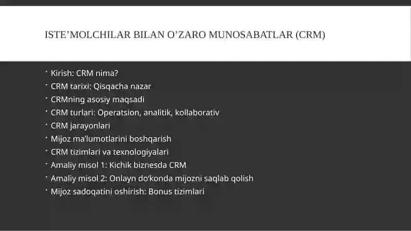 ISTE’MOLCHILAR BILAN O’ZARO MUNOSABATLAR (CRM) 2