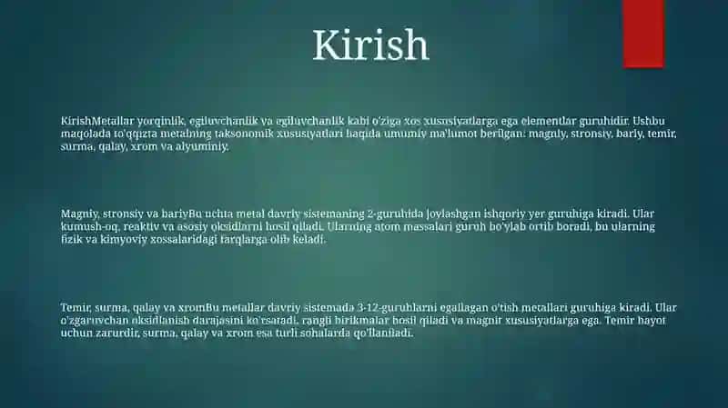 Mis, Stronsiy, Ruh, Temir, Surma, Qalay, Xrom Va Alyuminiyning Taksologik Xususiyatlari 2
