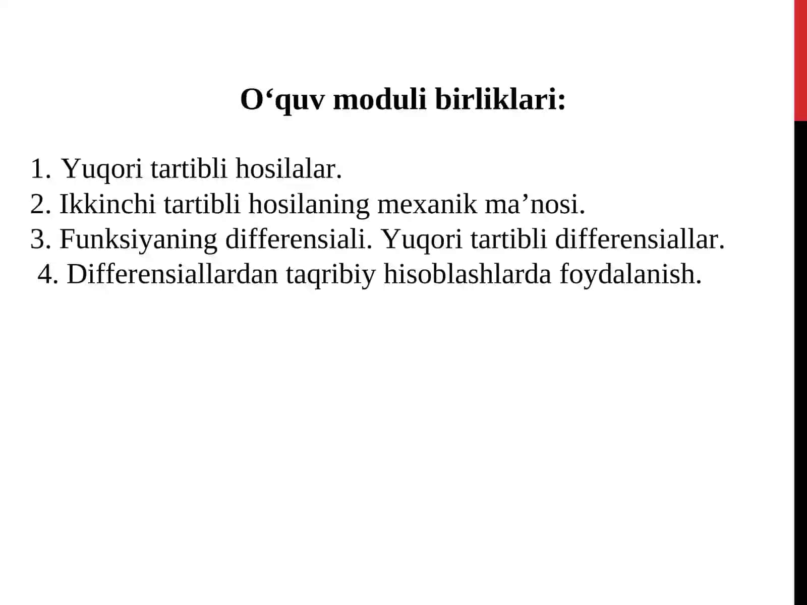 YUQORI TARTIBLI HOSILALAR. IKKINCHI TARTIBLI HOSILANING MEXANIK MA’NOSI. FUNKSIYANING DIFFERENSIALI. YUQORI TARTIBLI DIFFERENSIALLAR. DIFFERENSIALLARDAN TAQRIBIY HISOBLASHLARDA FOYDALANISH 2