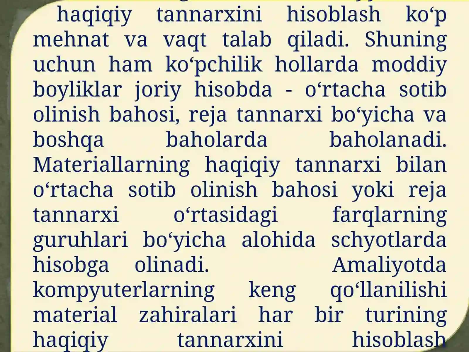 MATERIALLARNI O‘RTACHA BAHODA, FIFO, LIFO USULLARIDA BAHOLASH SARFLASH HISOBI 2