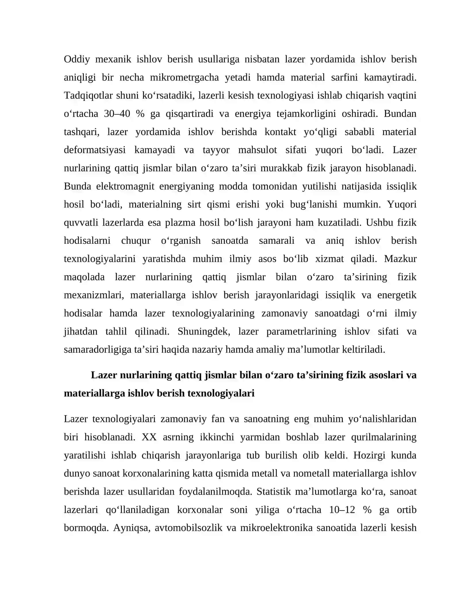 LAZER NURLARINING QATTIQ JISMLAR BILAN OʻZARO TAʼSIRI VA MATERIALLARGA ISHLOV BERISH FIZIKASI 2