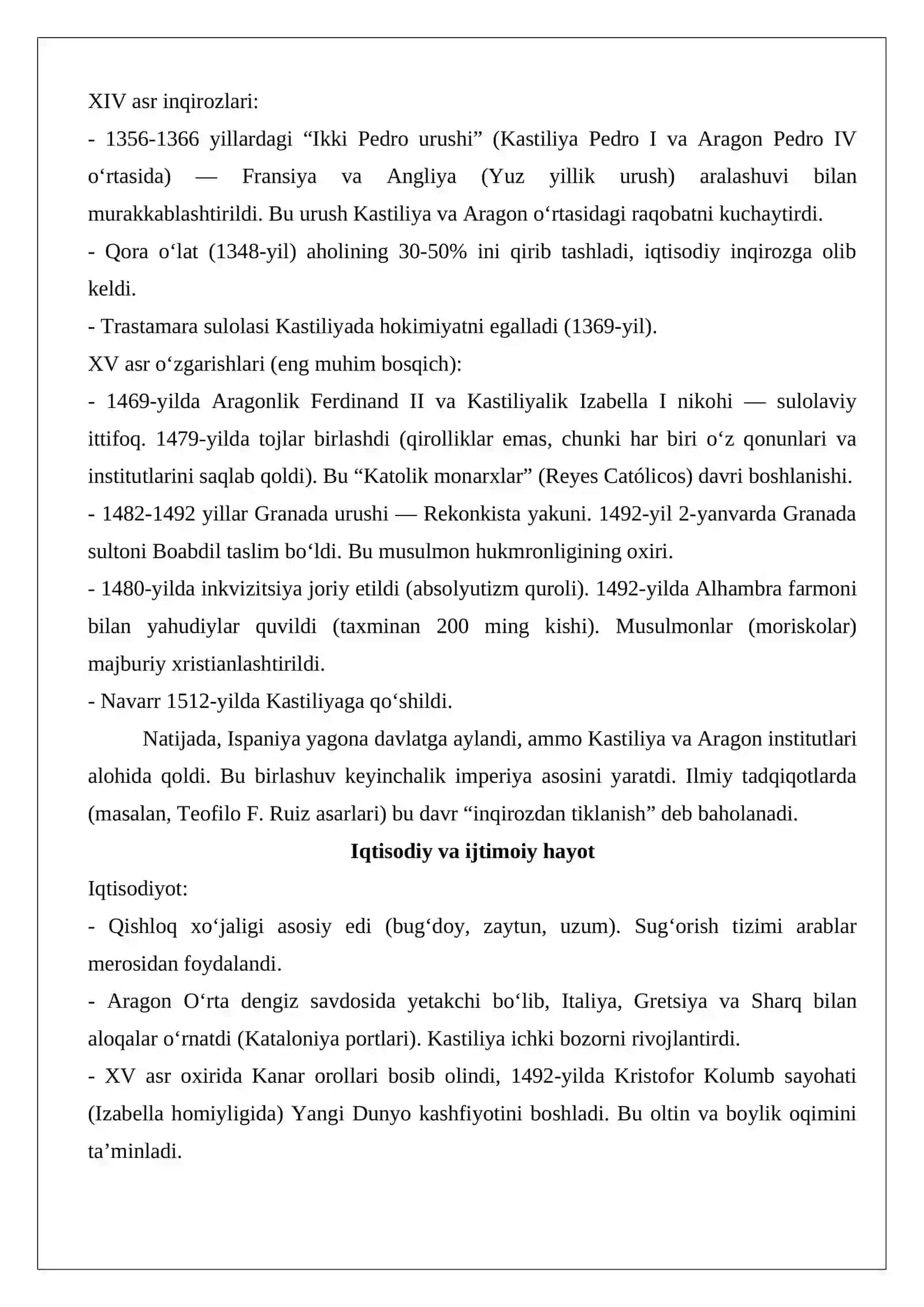 XIV-XV ASRLARDA ISPANIYA TARIXI ILMIY TADQIQOT TEZIS 2