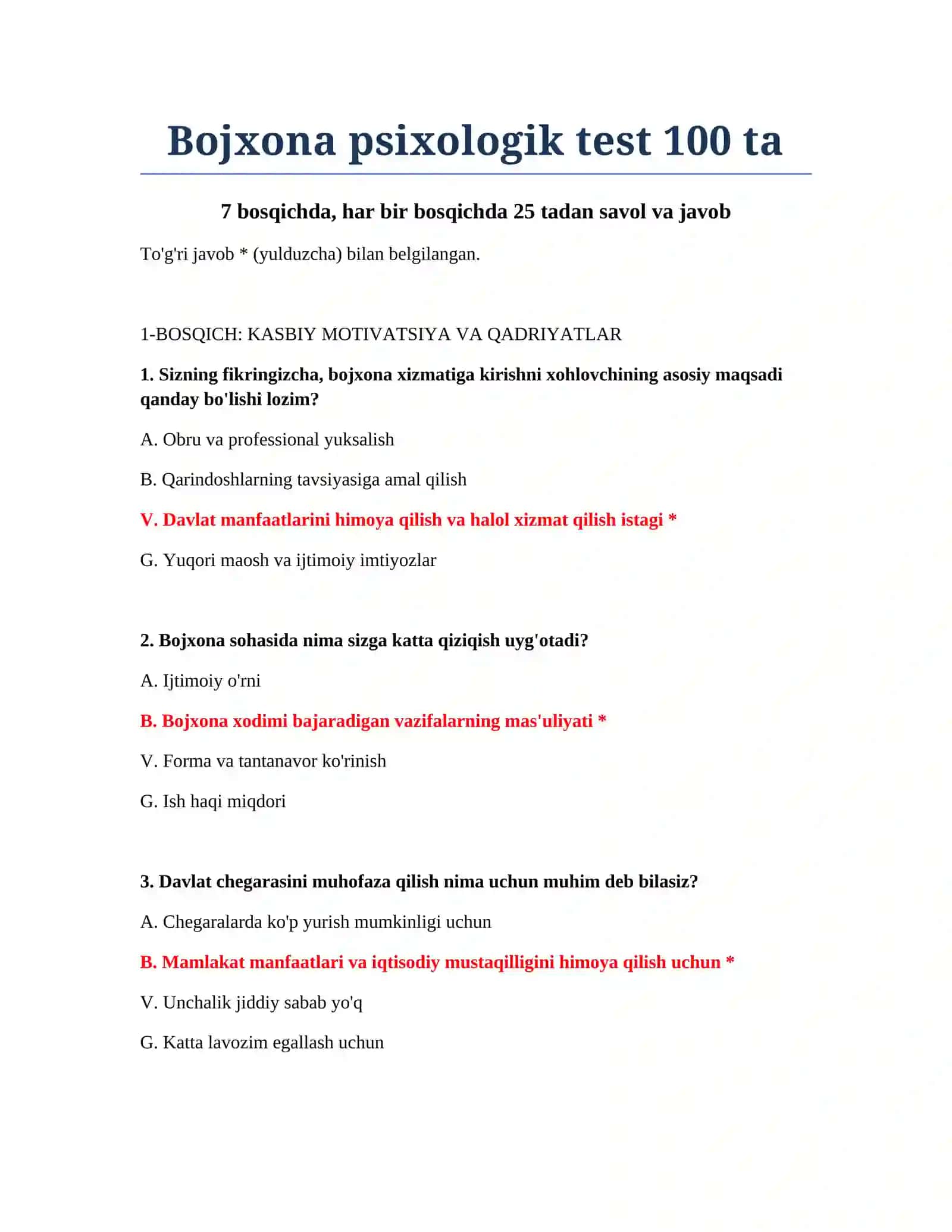 Bojxona psixologik test 100 ta 2