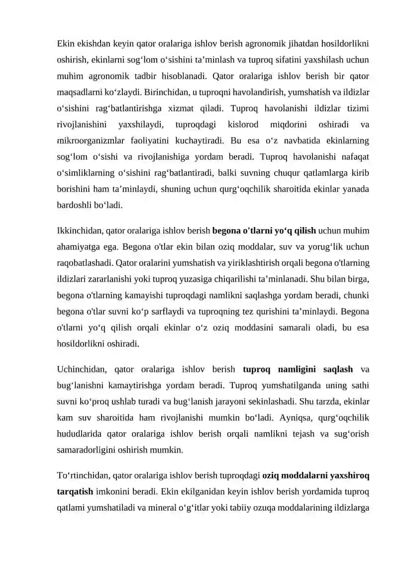Ekin ekishdan keyin qator oralariga ishlov berish 2