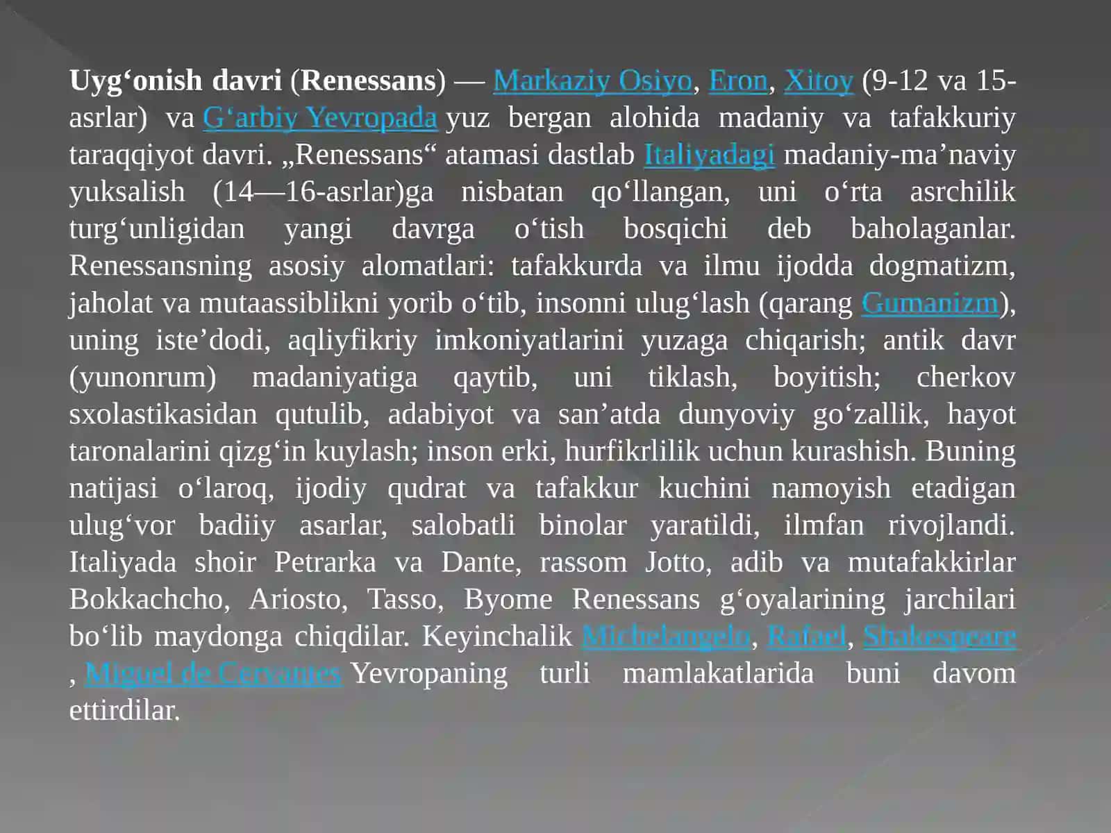 G‘arbiy Yevropada Uyg‘onish davri. XIV-XVI asrlar Yevropada ilmiy bilimlar rivojida yangi davr 2