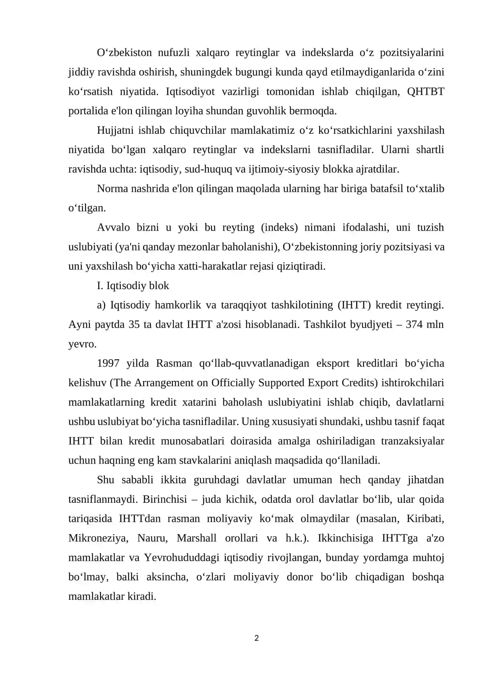 Iqtisodiy va ijtimoiy sohadagi ustuvor reytinglar va ularga O`zbekistonning integratsiyalashuvi 2