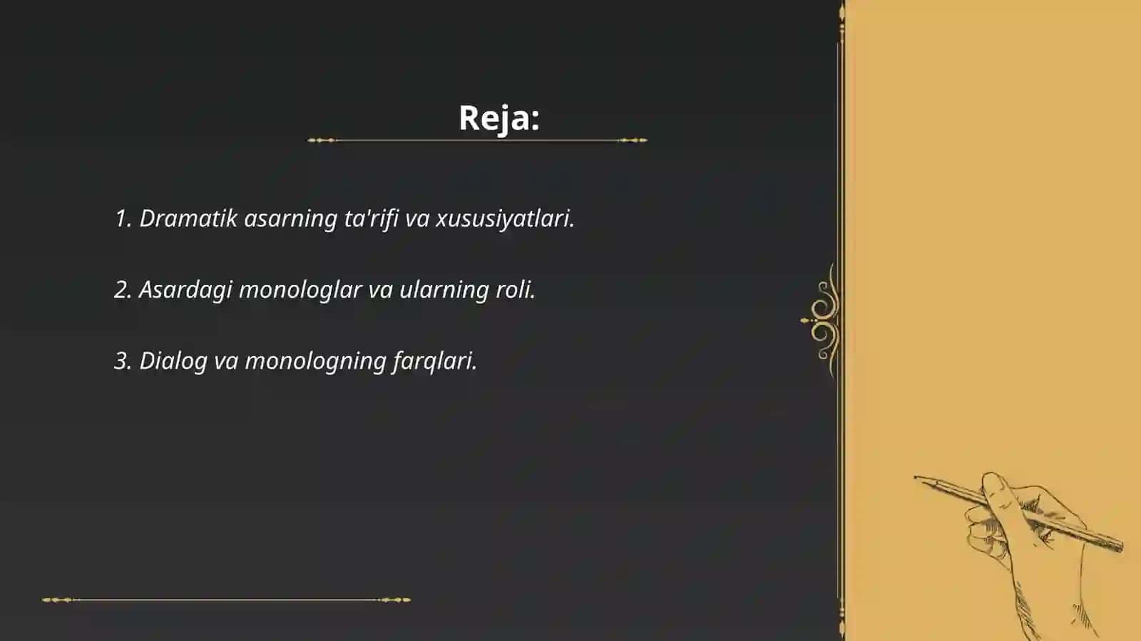 Drammatik asarlarni o'qib undagi monolog dialoglarga e'tibor qaratish 2
