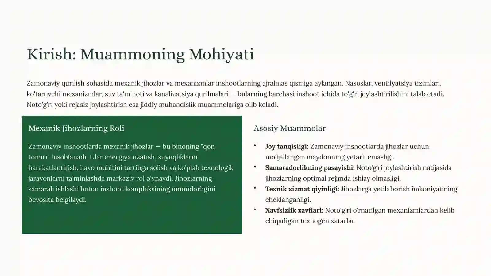 Inshootlarda Mexanik Jihozlarni Joylashtirish: MexanizmlarbilanIntegratsiya 2