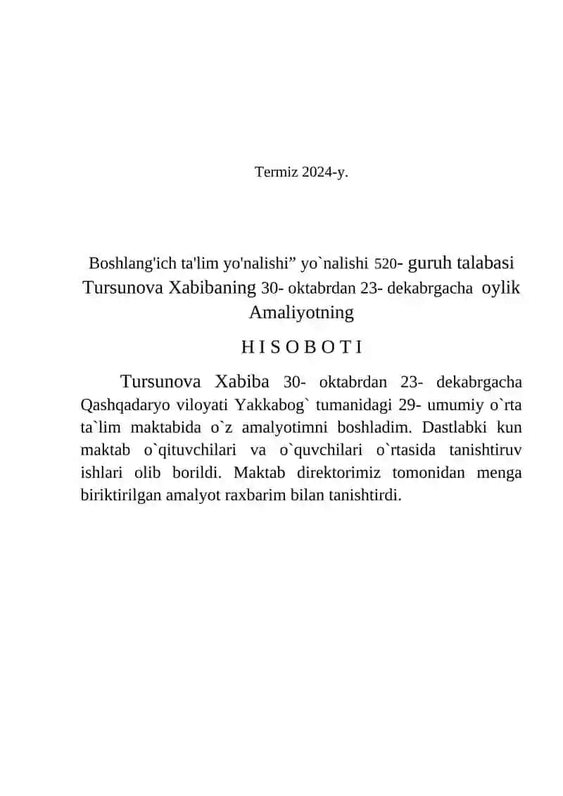 Boshlang'ich ta'lim yo'nalishi bo'yicha amaliyot hisoboti 2