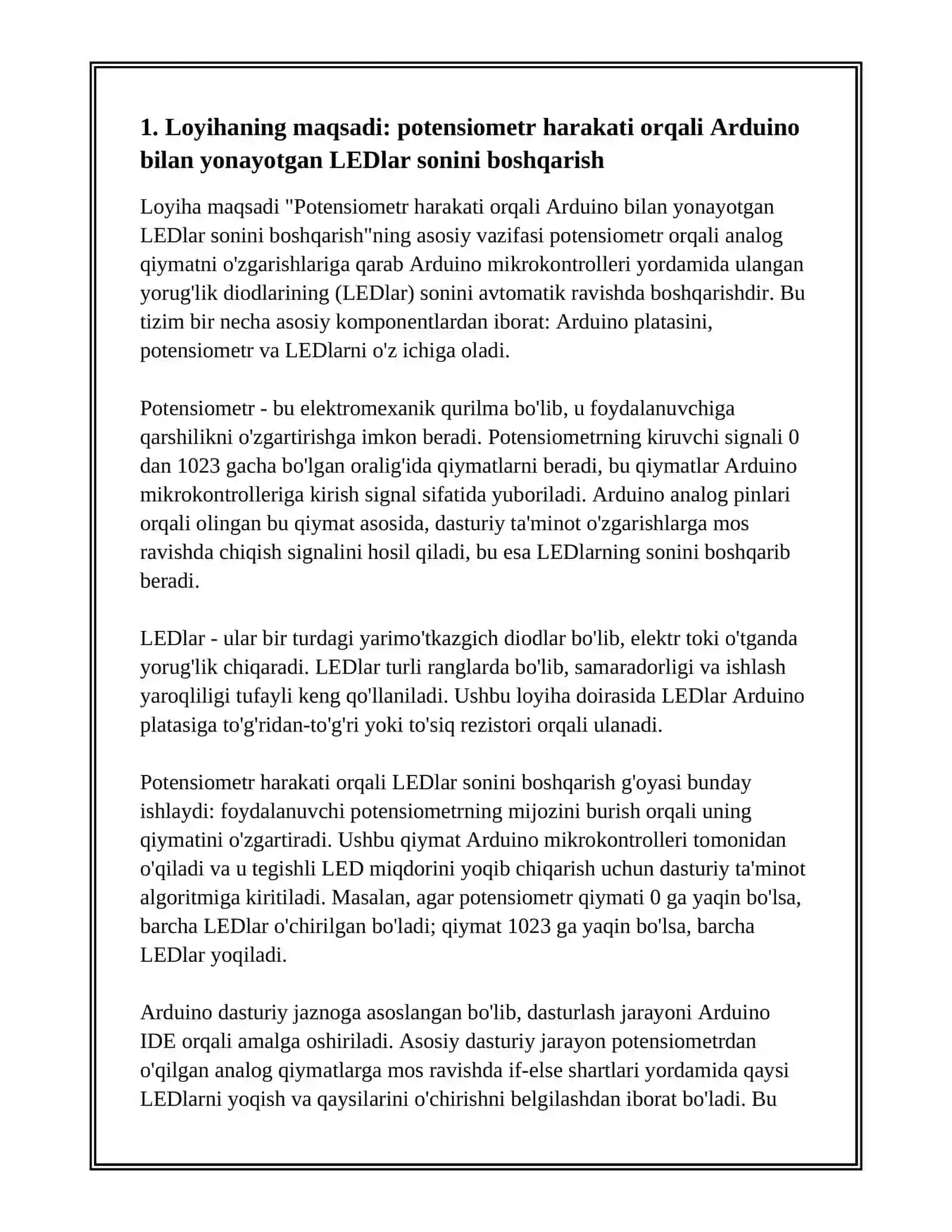 POTENSIOMETRNI XARAKATLANTIRISH ORQALI YONAYOTGAN YORUG‘LIK DIODININGSONINI O‘ZGARTIRISH (ARDUINODA) 2