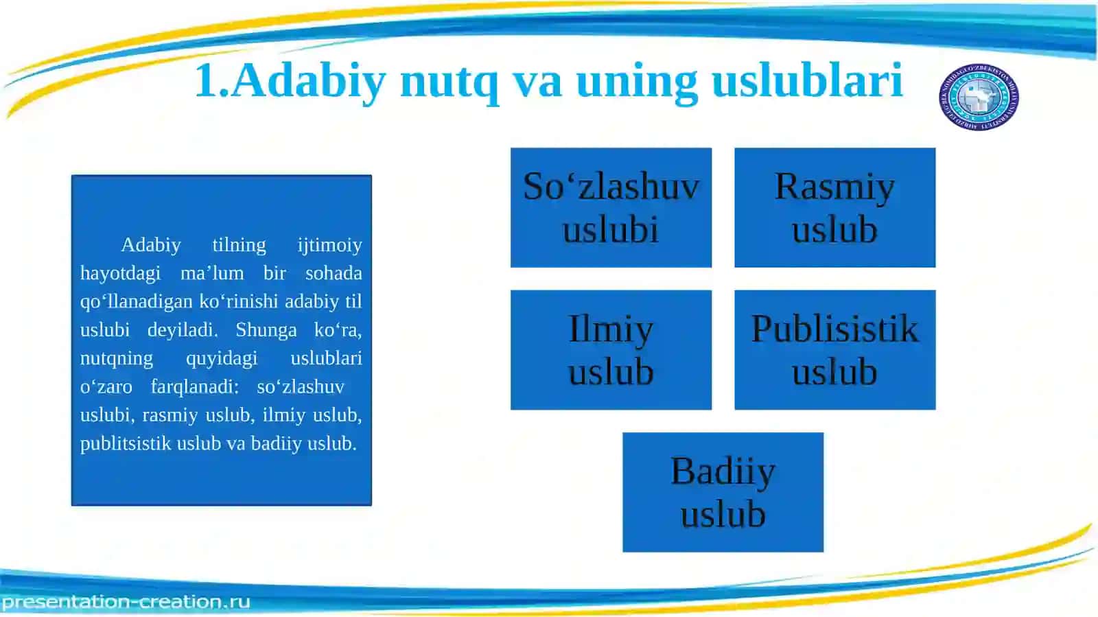 Adabiy nutq va uning uslublari. Ilmiy uslub, badiiy uslub, so‘zlashuv uslubi, rasmiy-idoraviy uslub, publisistik uslublar va ularning uslubiy xususiyatlari 2