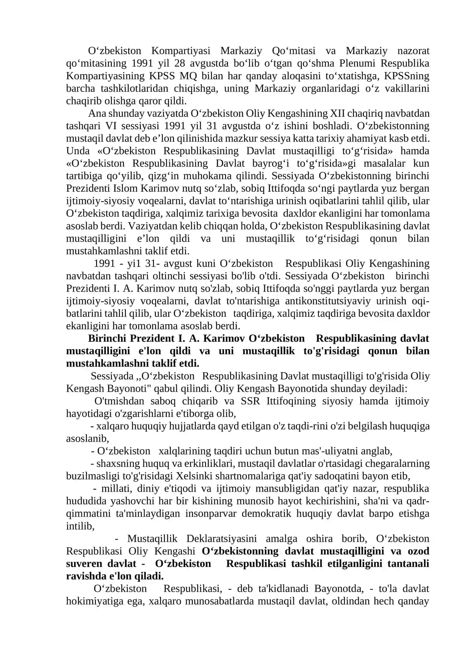 O‘zbekiston Respublikasi mustaqilligining e’lon qilinishi va uning tarixiy ahamiyati 2