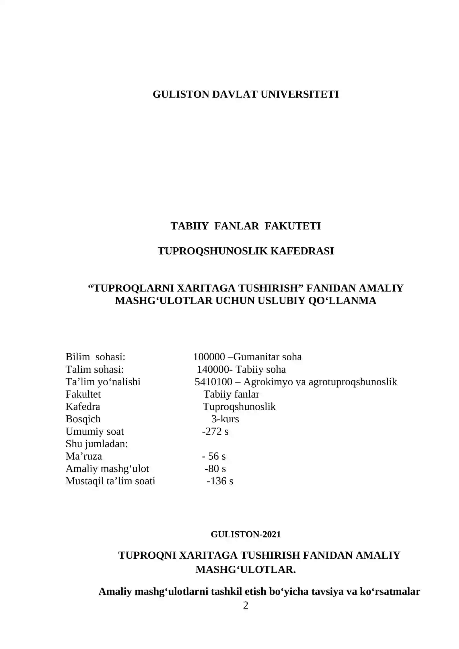 “TUPROQLARNI XARITAGA TUSHIRISH” FANIDAN AMALIY MASHG‘ULOTLAR UCHUN USLUBIY QO‘LLANMA 2