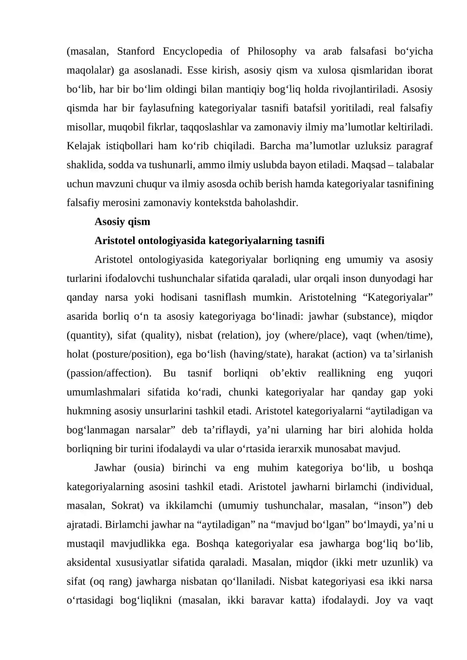Aristotel, Forobiy va Kant ontologiyasida kategoriyalarning tasnifi 2