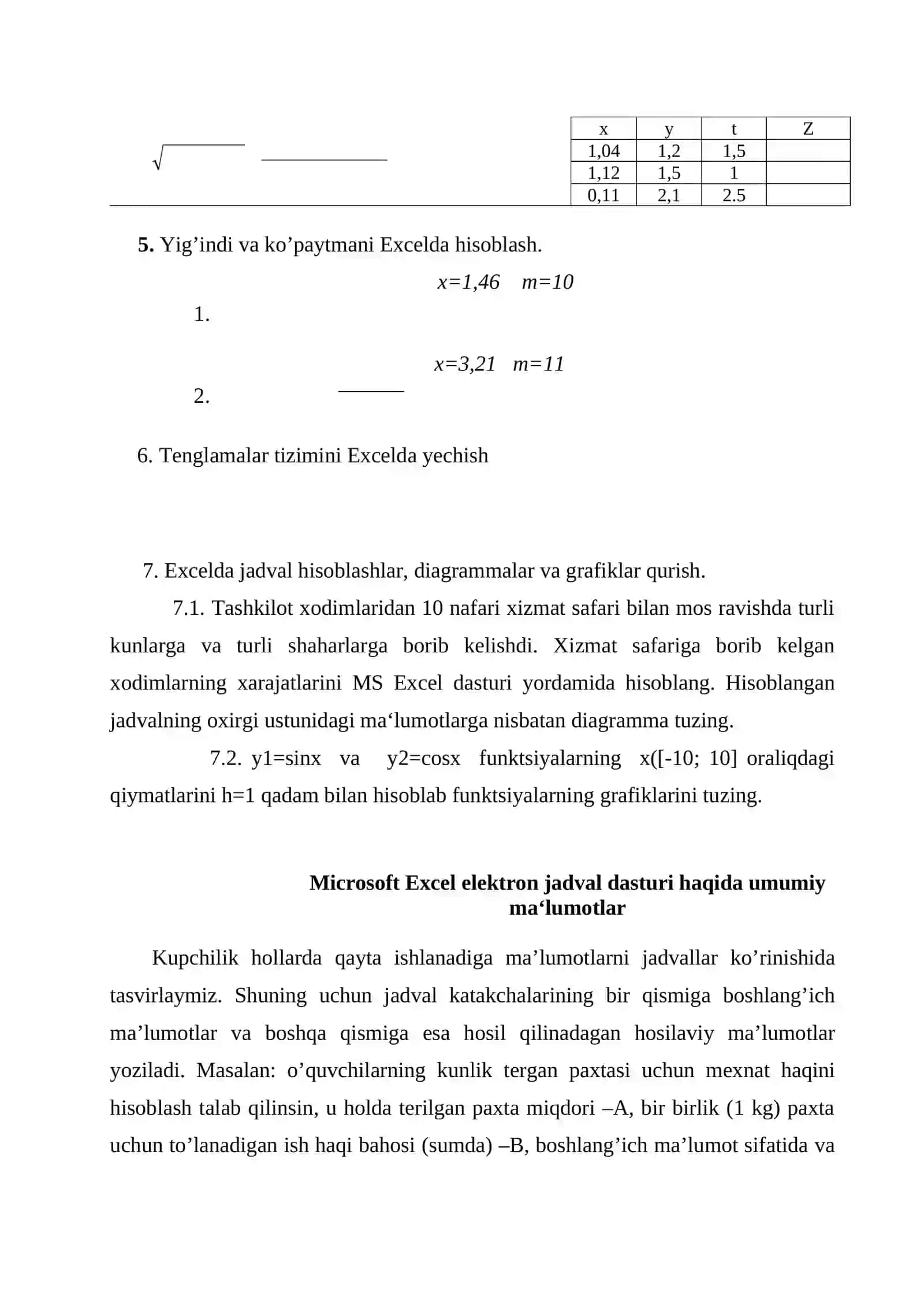 Excel elektron jadval dasturi 2