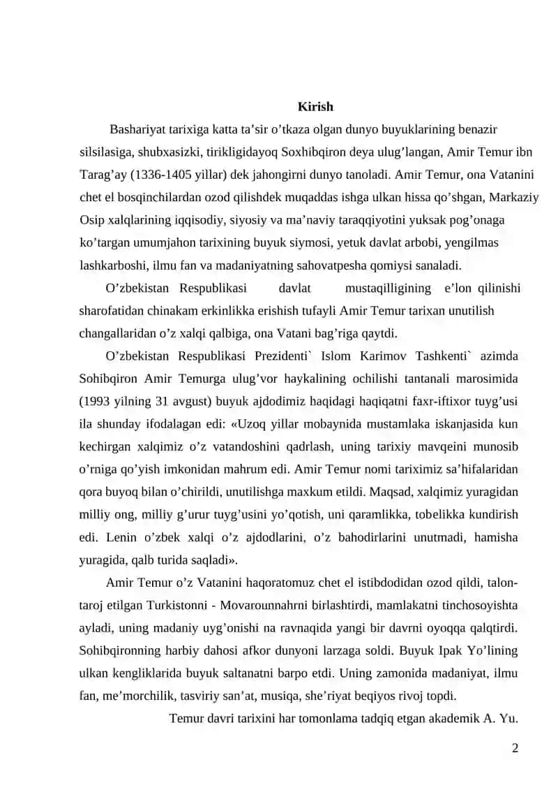 Amir Temur.Temuriylar va Shayboniylar davri memorchiligi 2
