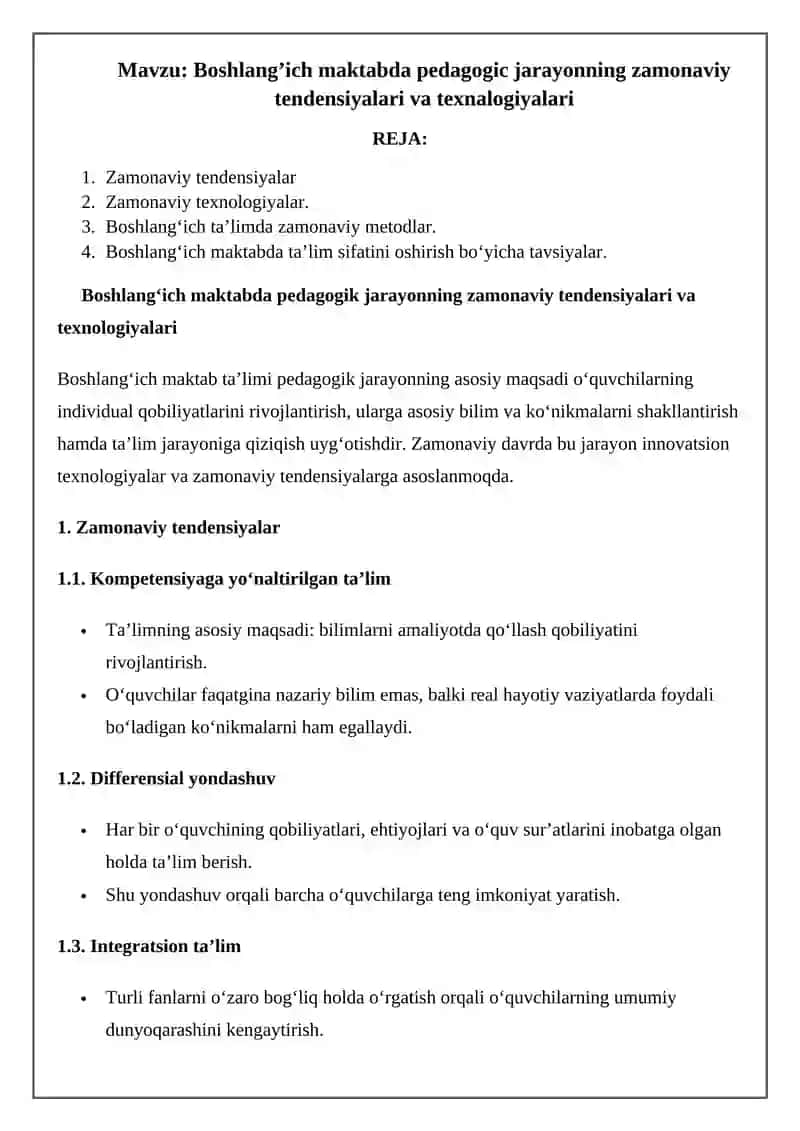 Boshlang‘ich maktabda pedagogic jarayonning zamonaviy tendensiyalari va texnalogiyalari 2