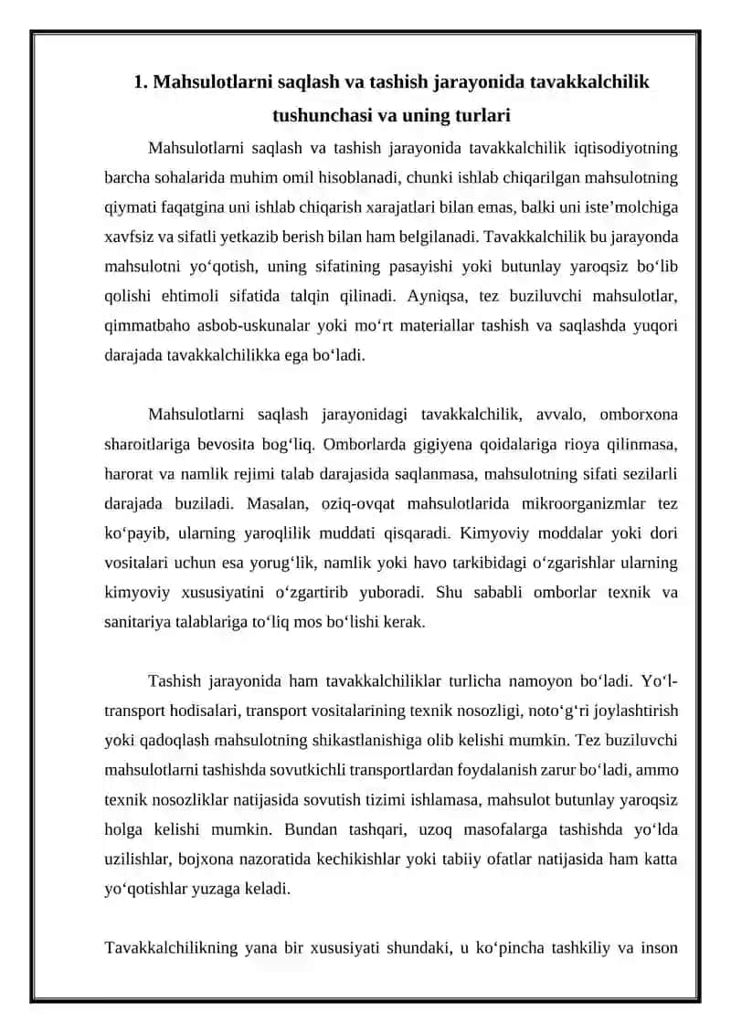 Mahsulotlarni saqlash va tashishga oid tavakkalchilikningo’ziga xos xususiyatlari 2