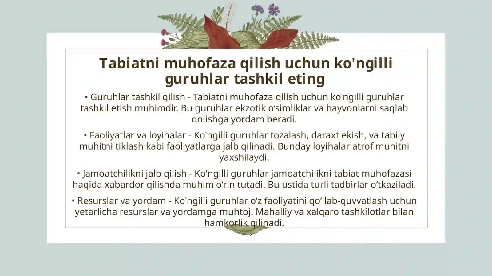 Tabiat, atrof-muhit va uning xavfsizligiga ko'riladigan chora-tadbirlar 2
