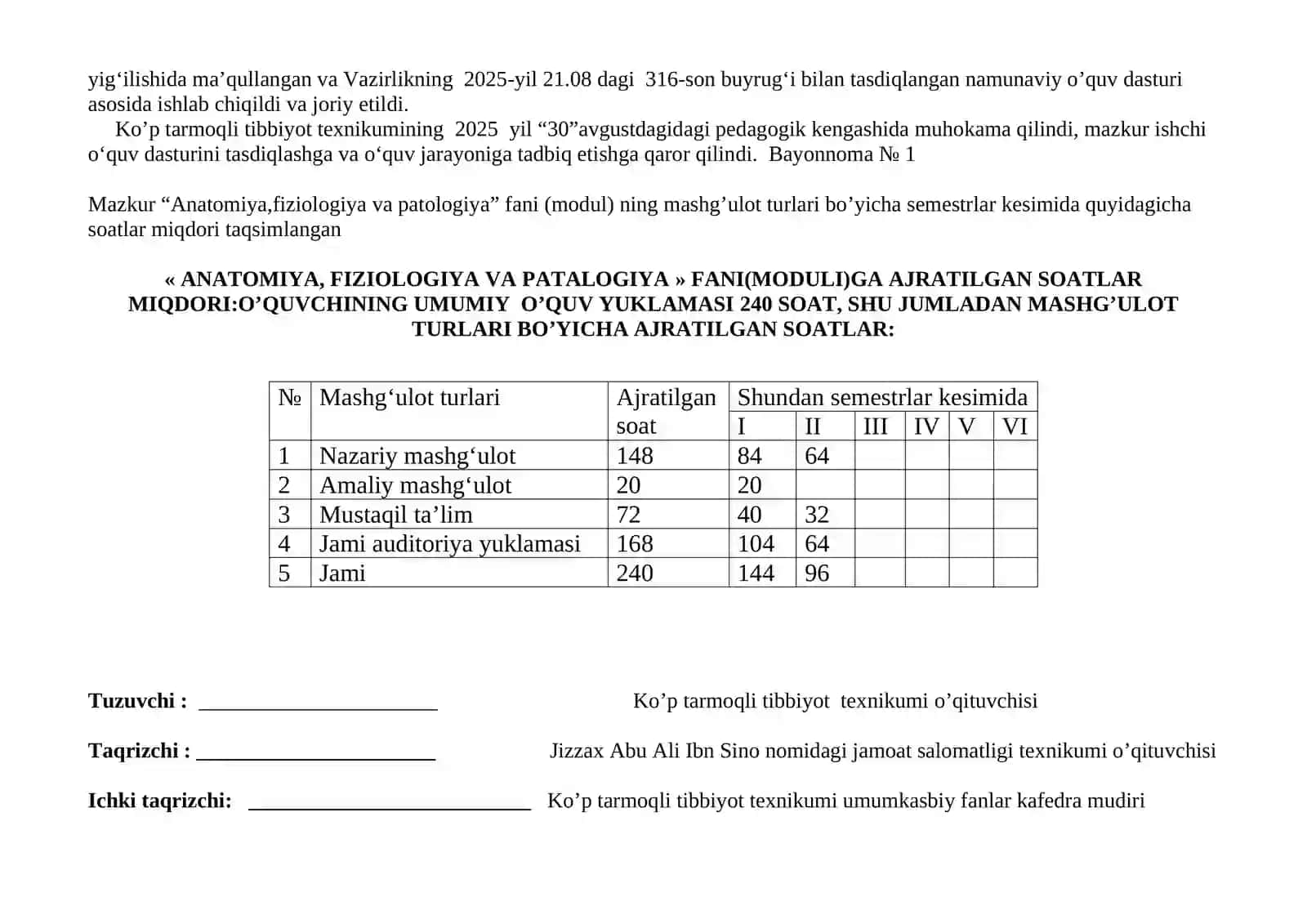 ANATOMIYA, FIZIOLOGIYA VA PATALOGIYA FANIDAN ISHCHI O’QUV DASTURI 2