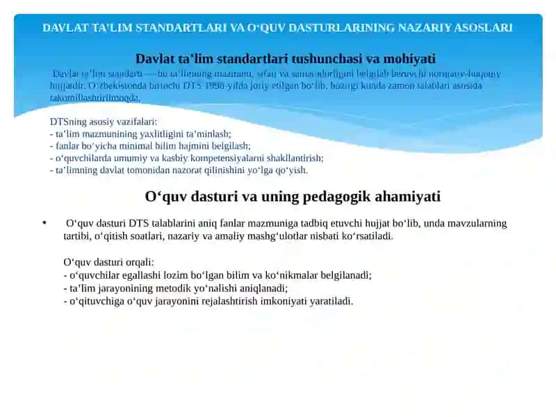 DTS va o‘quv dasturi, yangi avlod darsliklarining yaratilishi va amaliyotga joriy etilishi. 2