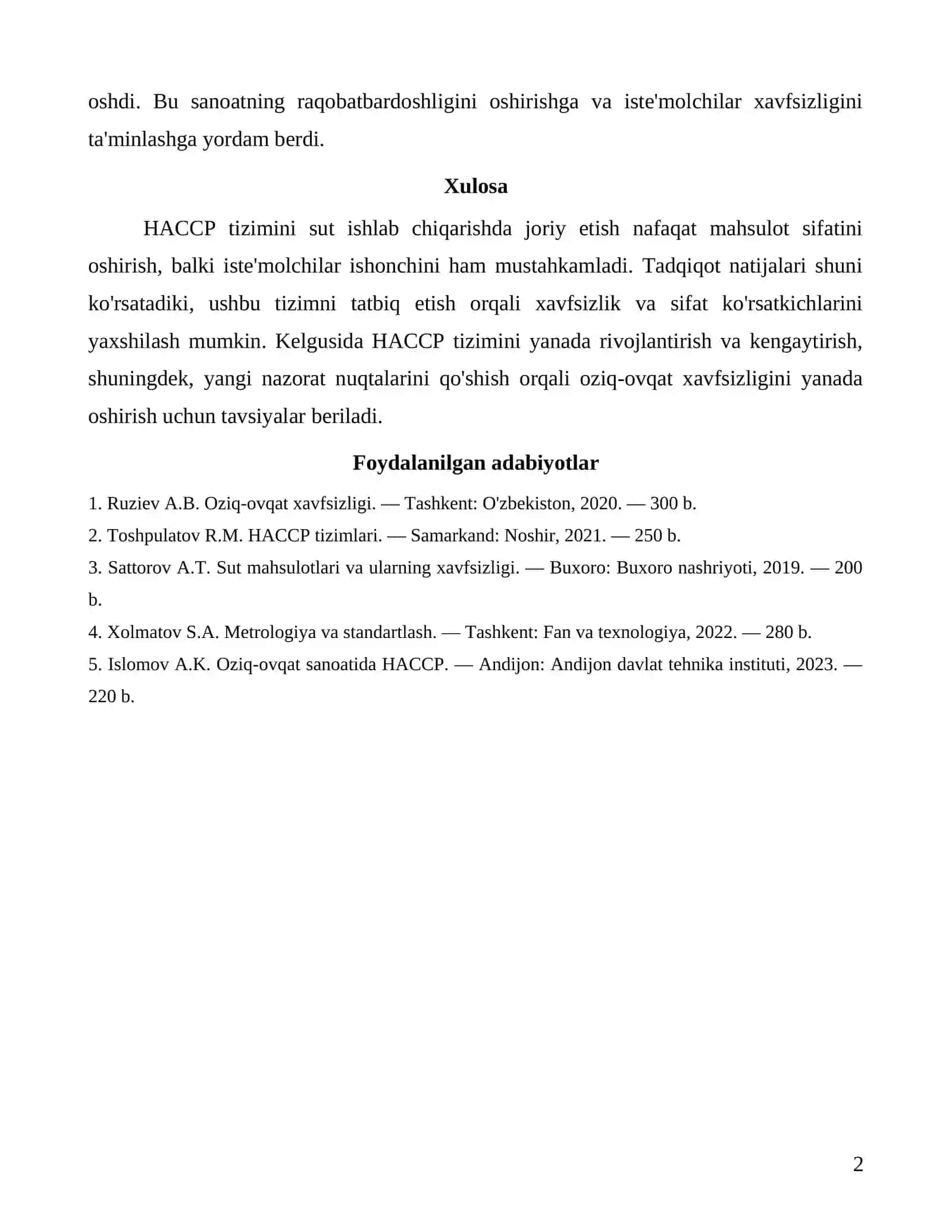HACCP tizimini sut ishlab chiqarishda joriy etish 2