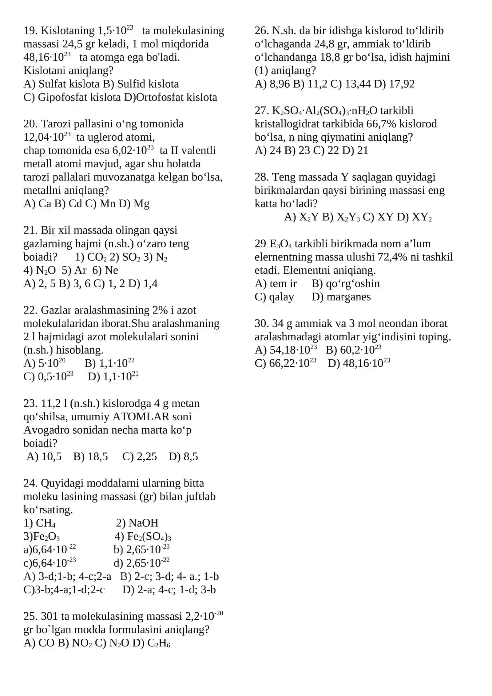 🧪 KIMYO FANIDAN 30 TALIK JAVOBLI TEST 2