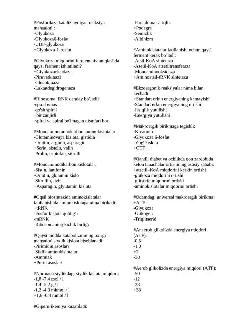 Biokimyo fanidan 1000 talik test, javoblari bilan 2