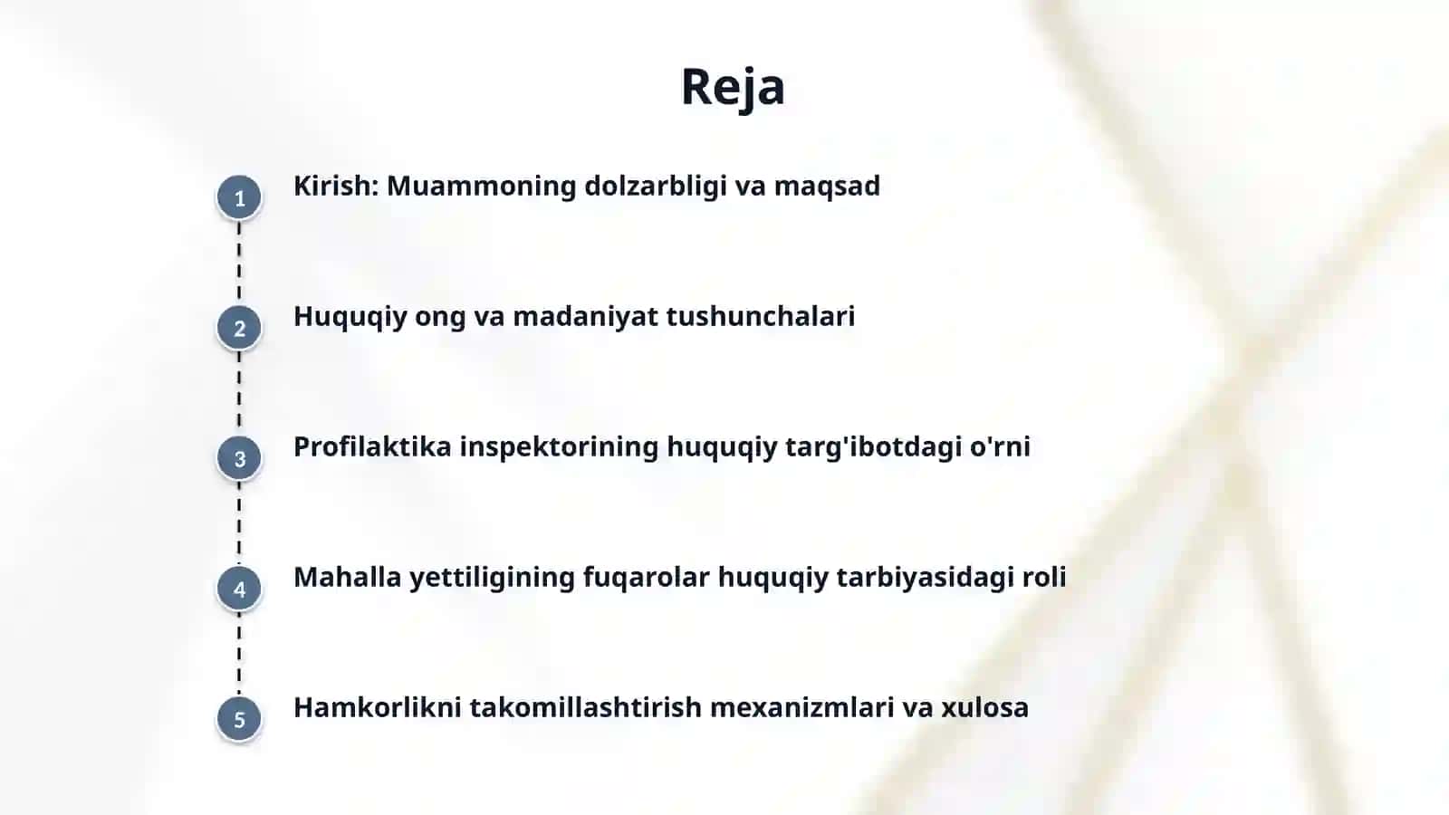 Profilaktika inspektorining mahalla huquq-tartibot maskanida fuqarolarning huquqiy ongi va huquqiy madaniyatini yuksaltirishda mahalla yettiligi bilan hamkorligini takomillashtirish 2