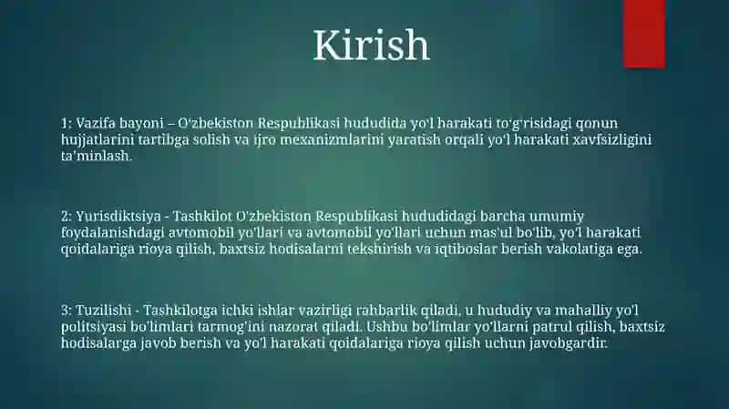 O'Zbekiston Respublikasining Yhx To'G'Risidagi Qonun Va Yo'Llarda Harakat Xavfsizligini Boshqaruv Organlari 2