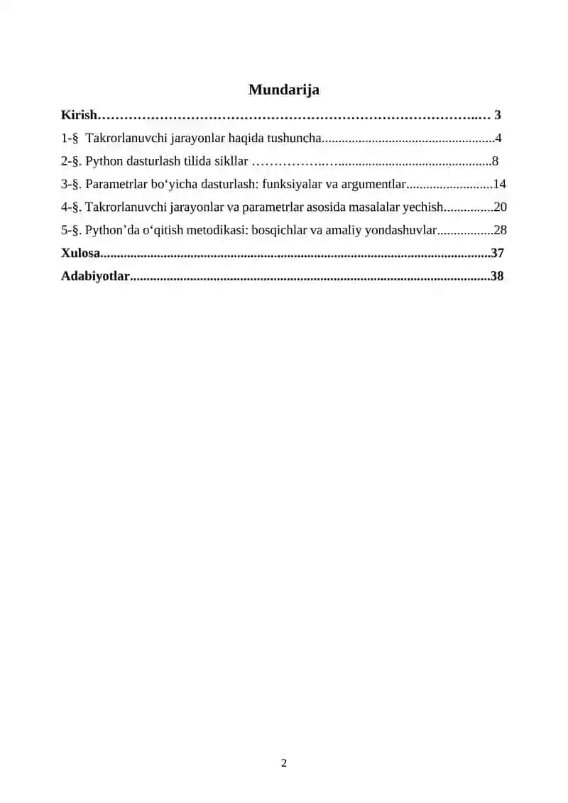“Pyhton dasturlash tilida takrorlanuvchi jarayonlarva parameter boʻyicha dasturlash” 2